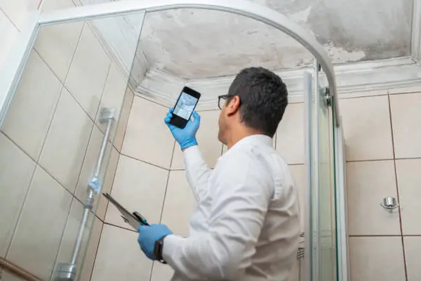 Professionnel équipé de gants photographiant des moisissures au plafond d'une douche