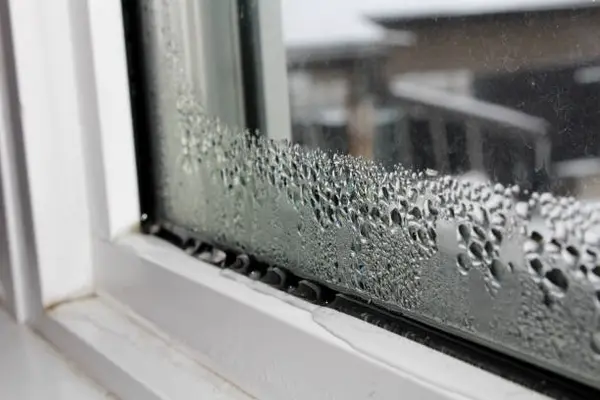 Condensation : gouttelettes d'eau sur la vitre d'une fenêtre