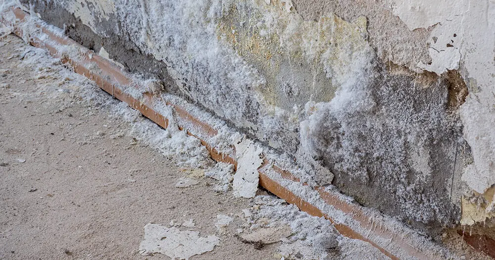Dépôt blanc de salpêtre sur un mur